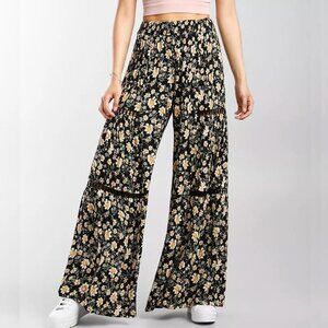 ANGIE Floral Crochet Inset Wide Leg Boho Beach Pant, M NWT